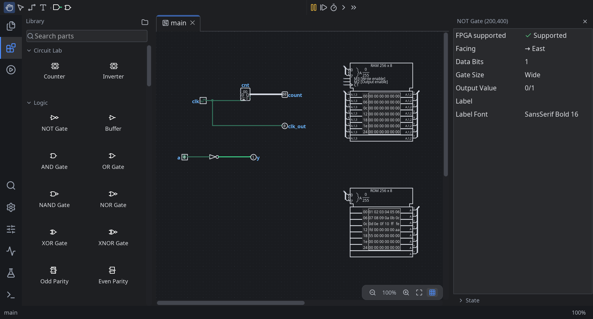 Logisim Revolution in its dark theme: the parts picker on the left, a counter and a NOT gate on the canvas, RAM and ROM components, and the inspector showing the NOT gate's settings on the right.