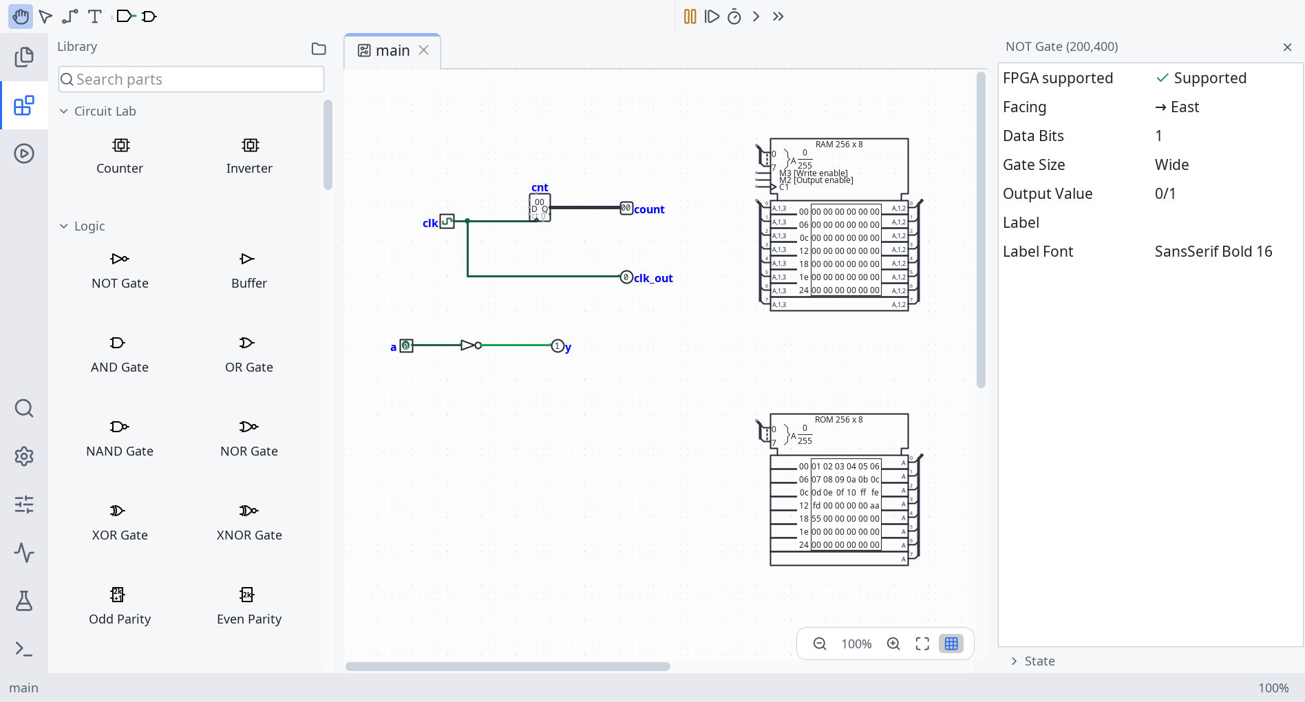 Logisim Revolution in its light theme: the parts picker on the left, a counter and a NOT gate on the canvas, RAM and ROM components, and the inspector showing the NOT gate's settings on the right.